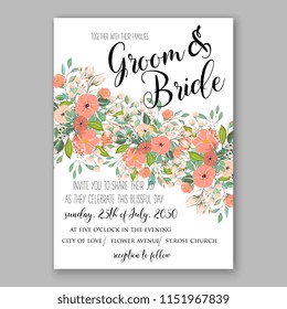Floral wedding invitation vector peach Peony  flower greenery digital background illustration template