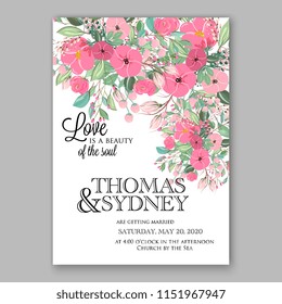 Floral wedding invitation vector pink Peony rose anemone fild flower greenery digital background illustration template