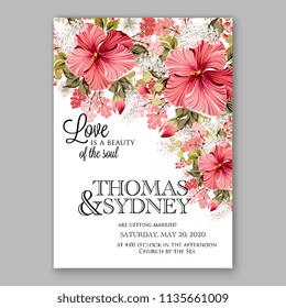 Floral wedding invitation vector printable card template Bridal shower bouquet flower marriage ceremony wording text tropical hibiscus aloha luau