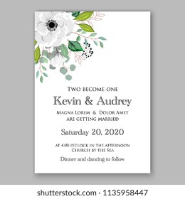 Floral wedding invitation vector printable card template Bridal shower bouquet flower marriage ceremony wording text white anemone greenery eucalyptus