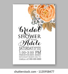 Floral wedding invitation vector printable card template Bridal shower bouquet flower marriage ceremony wording text orange ranunculus rose peony