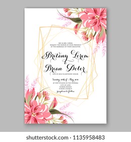 Floral wedding invitation vector printable card template Bridal shower bouquet flower marriage ceremony wording text pink dahlia