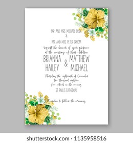 Floral wedding invitation vector printable card template Bridal shower bouquet flower marriage ceremony wording text yellow tropical hibiscus