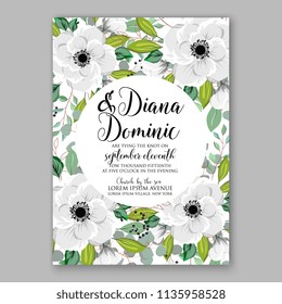 Floral wedding invitation vector printable card template Bridal shower bouquet flower marriage ceremony wording text white anemone greenery eucalyptus