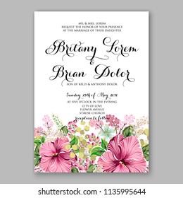 Floral wedding invitation vector printable card template Bridal shower bouquet flower marriage ceremony wording text pink tropical hibiscus aloha luau party