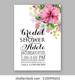 Floral wedding invitation vector printable card template Bridal shower bouquet flower marriage ceremony wording text pink tropical hibiscus aloha luau party