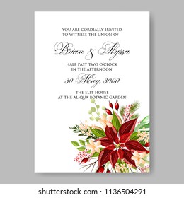 Floral wedding invitation vector printable template Marriage ceremony card red poinsettia fir pine watercolor Peony bridal shower bouquet baby birth greeting card