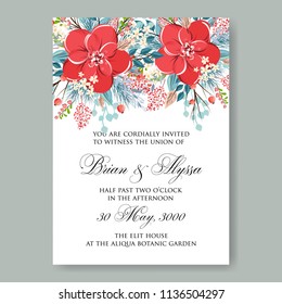 Floral wedding invitation vector printable template Marriage ceremony card red anemone poinsettia poppy watercolor Peony bridal shower bouquet baby birth greeting card