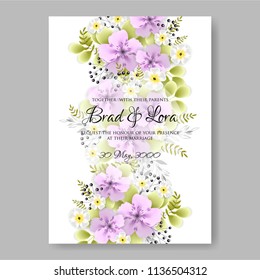 Floral wedding invitation vector printable template Marriage ceremony card purple violet watercolor Peony bridal shower bouquet baby birth greeting card