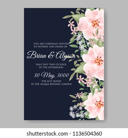 Floral wedding invitation vector printable template Marriage ceremony card pink watercolor Peony bridal shower bouquet baby birth greeting card on dark blue background