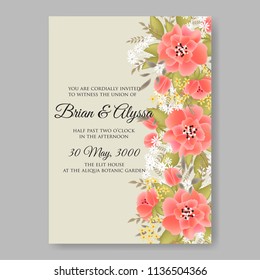 Floral wedding invitation vector printable template Marriage ceremony card pink watercolor Peony bridal shower bouquet baby birth greeting card