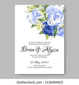 Floral wedding invitation vector printable template Marriage ceremony card blue watercolor Peony bridal shower bouquet baby birth greeting card