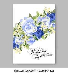 Floral wedding invitation vector printable template Marriage ceremony card blue watercolor Peony bridal shower bouquet baby birth greeting card