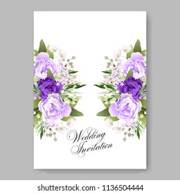 Floral wedding invitation vector printable template Marriage ceremony card violet soft watercolor Peony bridal shower bouquet baby birth greeting card