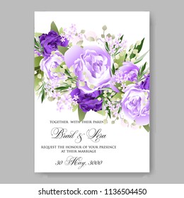 Floral wedding invitation vector printable template Marriage ceremony card violet soft watercolor Peony bridal shower bouquet baby birth greeting card