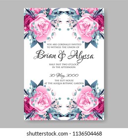Floral wedding invitation vector printable template Marriage ceremony card magenta watercolor Peony bridal shower bouquet baby birth greeting card
