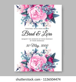 Floral wedding invitation vector printable template Marriage ceremony card magenta watercolor Peony bridal shower bouquet baby birth greeting card