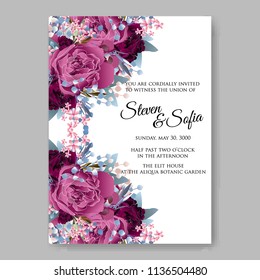 Floral wedding invitation vector printable template Marriage ceremony card burgundy watercolor Peony bridal shower bouquet baby birth greeting card