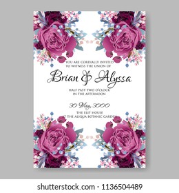 Floral wedding invitation vector printable template Marriage ceremony card burgundy watercolor Peony bridal shower bouquet baby birth greeting card