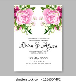 Floral wedding invitation vector printable template Marriage ceremony card pink watercolor Peony bridal shower bouquet baby birth greeting card