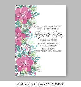 Floral wedding invitation vector printable template Marriage ceremony card pink anemone watercolor Peony bridal shower bouquet baby birth greeting card