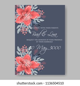 Floral wedding invitation vector printable template Marriage ceremony card pink anemone watercolor Peony bridal shower bouquet baby birth greeting card