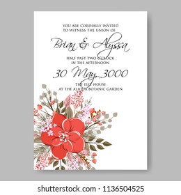 Floral wedding invitation vector printable template Marriage ceremony card red poppy watercolor Peony bridal shower bouquet baby birth greeting card