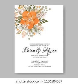Floral wedding invitation vector printable template Marriage ceremony card orange anemone watercolor Peony bridal shower bouquet baby birth greeting card