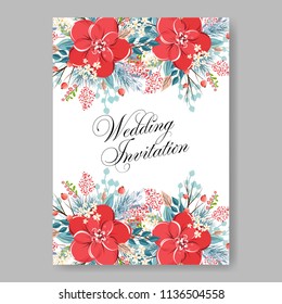 Floral wedding invitation vector printable template Marriage ceremony card red anemone poinsettia poppy watercolor Peony bridal shower bouquet baby birth greeting card