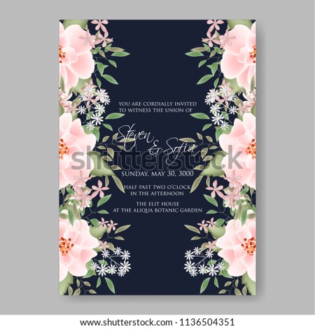 Floral wedding invitation vector printable template Marriage ceremony card pink watercolor Peony bridal shower bouquet baby birth greeting card on dark blue background