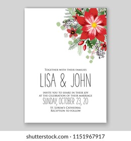 Floral wedding invitation vector red poinsettia Peony flower greenery digital background illustration template