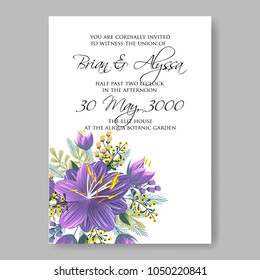 Floral wedding invitation vector template marriage ceremony announsment aloha violet hibiscus