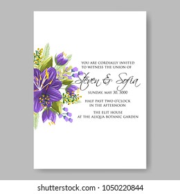 Floral wedding invitation vector template marriage ceremony announsment aloha violet hibiscus