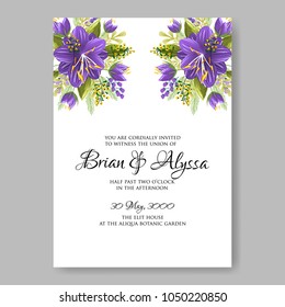 Floral wedding invitation vector template marriage ceremony announsment aloha violet hibiscus