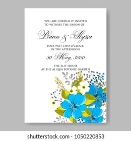 Floral wedding invitation vector template marriage ceremony announsment blue anemone