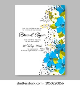 Floral wedding invitation vector template marriage ceremony announsment blue anemone