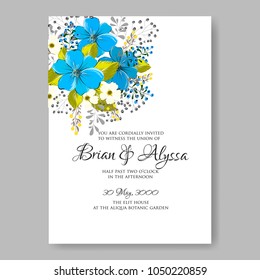Floral wedding invitation vector template marriage ceremony announsment blue anemone