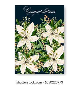 Floral wedding invitation vector template marriage ceremony announsment white lily on dark blue background