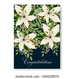 Floral wedding invitation vector template marriage ceremony announsment white lily on dark blue background
