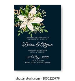Floral wedding invitation vector template marriage ceremony announsment white lily on dark blue background