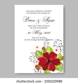 Floral wedding invitation vector template marriage ceremony announsment red anemone poppy