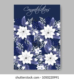 Floral wedding invitation vector template marriage ceremony announsment white dahlia flowers on nawy blue background