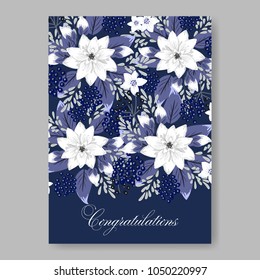 Floral wedding invitation vector template marriage ceremony announsment white dahlia flowers on nawy blue background