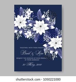 Floral wedding invitation vector template marriage ceremony announsment white dahlia flowers on nawy blue background