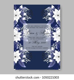 Floral wedding invitation vector template marriage ceremony announsment white dahlia flowers on nawy blue background