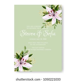Floral wedding invitation vector template marriage ceremony announsment pink lily on green background