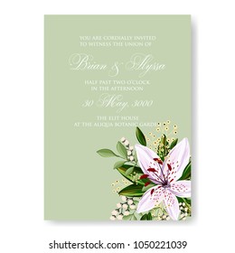 Floral wedding invitation vector template marriage ceremony announsment pink lily on green background