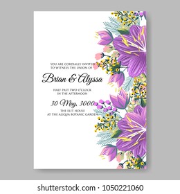 Floral wedding invitation vector template marriage ceremony announsment purple ultraviolet hibiscus