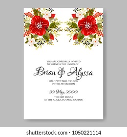 Floral wedding invitation vector template marriage ceremony announsment red poppy anemone