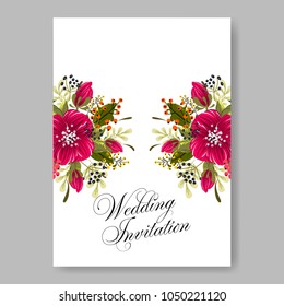 Floral wedding invitation vector template marriage ceremony announsment red poppy anemone